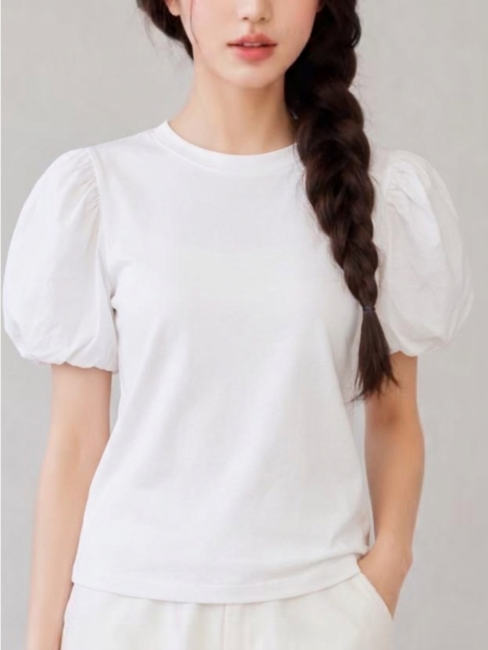 Zara White Puff Sleeve Crewneck Tee